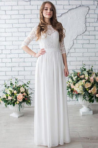 White Long Half Sleeve Chiffon Wedding Dress,Lace Beach Floor-Length Bridal Dress PFW0154