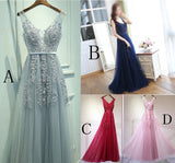 Gray Tulle Long V-neck Evening Dresses, A Line Applique Prom Dress PFP0972