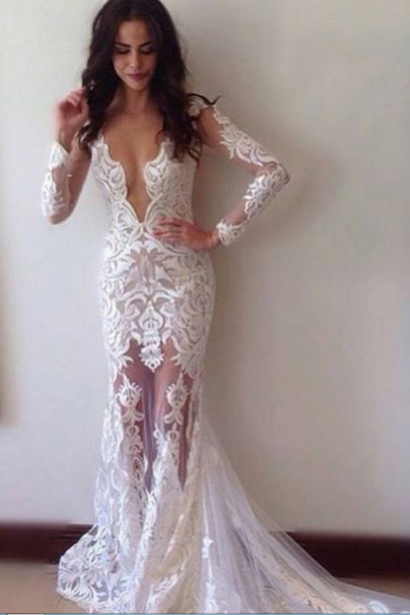 Sexy Sheath Lace Deep V-neck Long Sleeves Wedding Dresses,Long Formal Prom Dress PFW0155