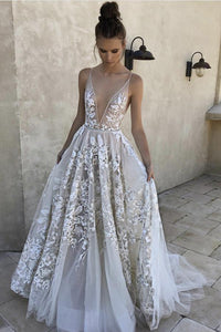 Elegant A Line Deep V-Neck Ivory Tulle Long Prom Dress with Lace Appliques