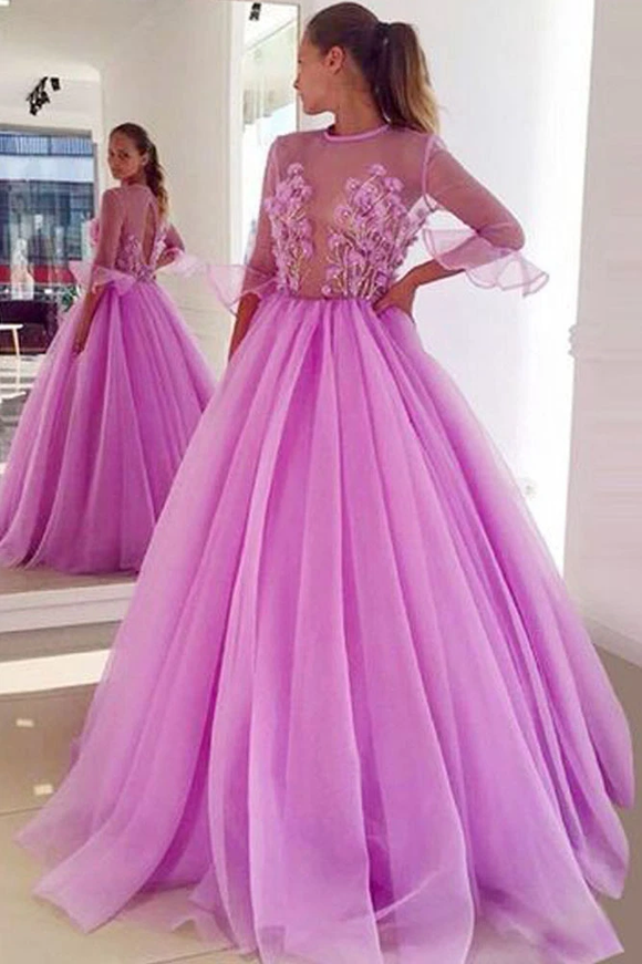 Promfast Fairy Ball Gown See Through Ruffled 3/4 Sleeves Tulle Long Prom Dresses with Appliques PFP1851