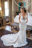 Charming V-Neck Sleeveless Mermaid Backless Lace Pocket Wedding Dress With Court Train PFW0157