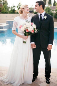 Lace A-Line Beading Ivory Half Sleeve Chiffon Long Wedding Dress PFW0158