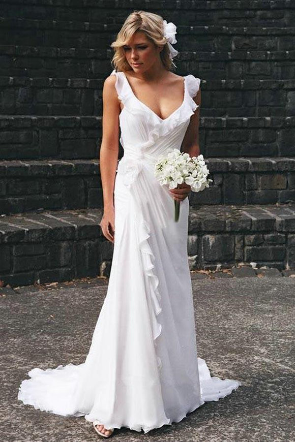 Simple White V-neck Chiffon Ruffles Sleeveless Wedding Dress Bridal Gowns PFW0159