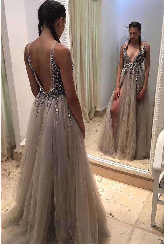 Backless Rhinestone tulle Deep V-neck Sexy prom dress online, Long Split Prom Dress PFP0977