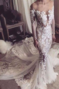White Lace Appliques Mermaid Long Sleeves Tulle Wedding Dress PFW0160