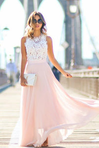 Modest Chiffon A Line Long Prom Dresses,Blush Pink White Lace Evening Dresses PFP0978