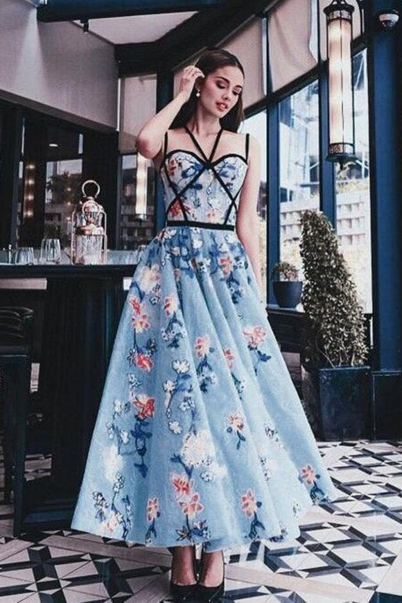 Chic Blue Floral Printed A Line Long Prom Dress Pretty Party Dress PFP0028