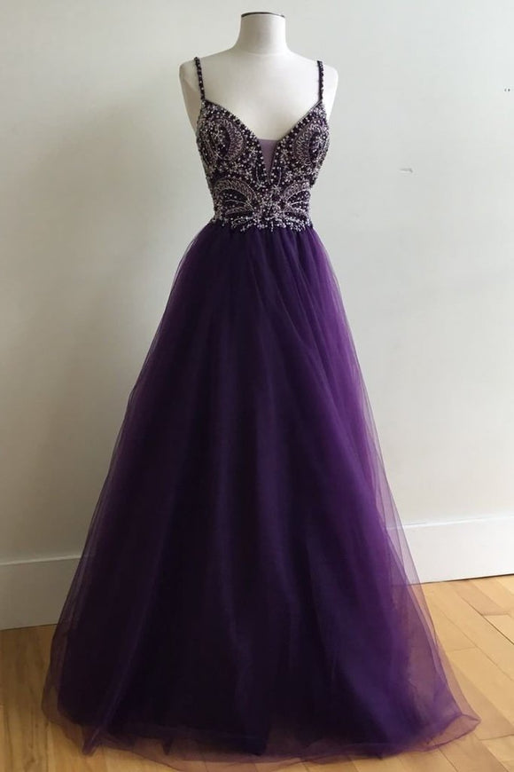 Purple A-Line Ball Gown Spaghetti Straps Tulle Long Prom Dress with Beading PFP0979
