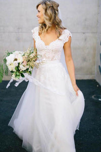 White V-Neck Lace Top Tulle Cap Sleeve A-Line Wedding Dress PFW0162