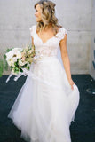 White V-Neck Lace Top Tulle Cap Sleeve A-Line Wedding Dress PFW0162
