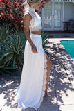 Lace Two Pieces White Slit Prom Dresses,Fashion Sexy Long Evening Party Dress PFP0980