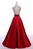 Red Long Beading A-line Prom Dresses, Cheap Satin Formal Evening Dresses For Teens PFP0981
