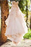 Vintage Strapless Sweetheart A Line Flower Tulle Pearl Pink Wedding Dress PFW0164