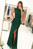 Luxurious Cap Sleeves Dark Green Split-Front Open Back Long Sequin Sexy Mermaid Prom Dress PFP0984