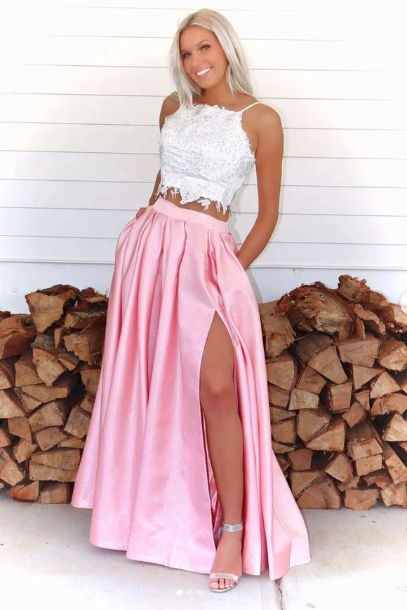 Promfast Two Pieces A Line Pink Lace Top Slit Prom Dresses With Pockets PFP1853