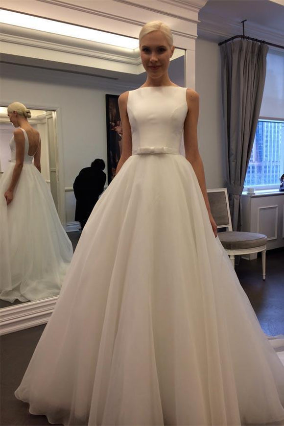 Charming Backless Sleeveless A-line Ivory Tulle Wedding Dress PFW0166