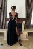 A-line Black Long Sleeve Chiffon Split Lace Prom Dress,2017 Sexy Long Evening Dresses PFP0985