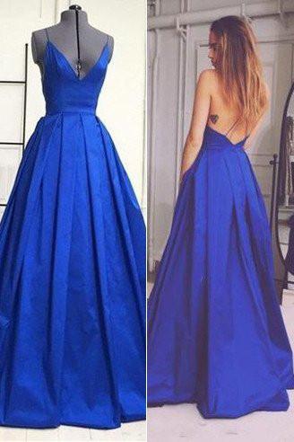 Royal Blue Backless Sexy A Line Long Simple Ball Gown Spaghetti Strap Prom Dresses PFP0988