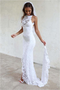 White High Neckline Lace Backless Mermaid Wedding Dresses With Court Train PFW0169