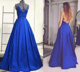 Royal Blue Backless Sexy A Line Long Simple Ball Gown Spaghetti Strap Prom Dresses PFP0988