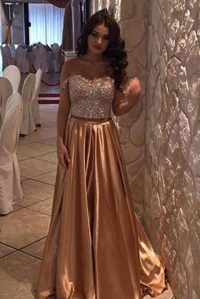 Modest A-Line Gold Off the Shoulder Sweep Train Beading Prom Dress PFP0989