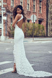 White High Neckline Lace Backless Mermaid Wedding Dresses With Court Train PFW0169