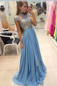 Light Blue Long Beading High Neck Sparkly Cute Prom /Evening Dresses PFP0990