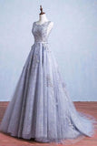 Glamorous A-Line Round Neck Gray Tulle Ball Gown Long Prom Dress PFP0992
