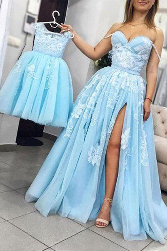 Charming Sweetheart Split Blue Lace Appliques Long Prom Dresses,Pretty Evening Dresses PFP0029