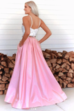 Promfast Two Pieces A Line Pink Lace Top Slit Prom Dresses With Pockets PFP1853