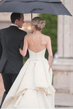 Simple Sweetheart Strapless Court Train Ivory Satin Wedding Dress with Ruched PFW0172