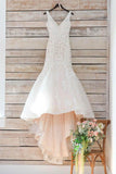 Modest V Neck Mermaid Long Sleeveless Lace Appliques Wedding Dress with Train PFW0173