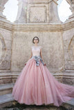 Princess Cap Sleeves Ball Gown Bateau Lace Bow-knot Pink Tulle Wedding Dresses PFW0174