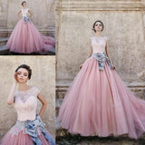 Princess Cap Sleeves Ball Gown Bateau Lace Bow-knot Pink Tulle Wedding Dresses PFW0174