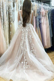 Elegant A-Line V-Neck Long Tulle Backless Wedding Dress with Beading Appliques PFW0176