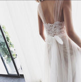 Straps Tulle White Lace Beach Long Backless A Line Wedding Dresses PFW0177