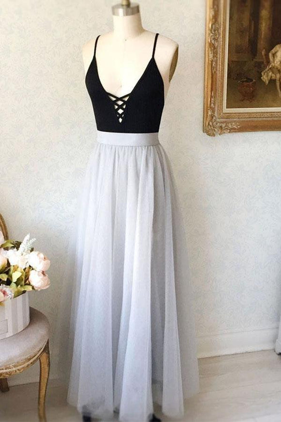 Simple A-Line Spaghetti Straps Black Top Tulle Gray Long Prom Evening Dress PFP0030