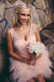 Knee Length Blush Colored Layered Tulle Short Ruffles Wedding Dresses PFW0179