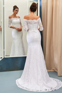 Elegant White Off-The-Shoulder 3/4-Length Sleeves Lace Mermaid Wedding Dress PFW0180