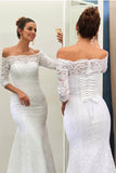 Elegant White Off-The-Shoulder 3/4-Length Sleeves Lace Mermaid Wedding Dress PFW0180
