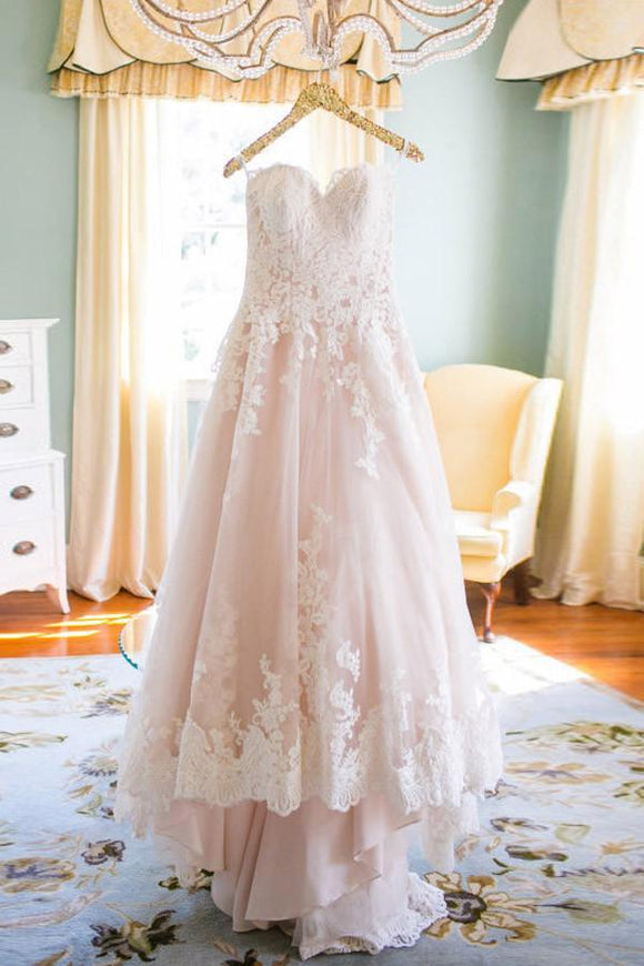 Elegant Sweetheart A Line Blush Wedding Dress with White Lace PFW0181