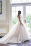 Sweetheart Strapless Flowers Beading Pleated Blush Pink Wedding Dress With Court Train PFW0182