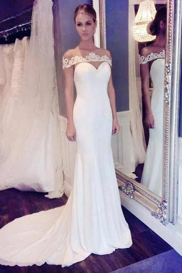 Elegant Off the shoulder Mermaid Long Wedding Dress with Brush Train PFW0183