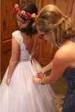 White Bateau Neck A-line Beading Organza Long Wedding Dress PFW0184