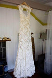 Ivory Lace Open Back Sweep Train Sheath Sleeveless Wedding Dresses PFW0185