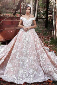 Luxurious Off Shoulder Watteau Train Formal Lace Dramatic Blush Wedding Dresses PFW0186