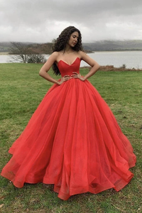 Promfast Red Sweetheart Ball Gown Tulle Simple Prom Dresses Evening Dress PFP1855
