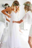 Spaghetti Strap White Chiffon Lace Appliqued V-neck Summer Beach Wedding Dresses PFW0187