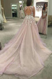 Spaghetti Straps V-neck Long Tulle Wedding Dress Prom Dress with Appliques PFW0188